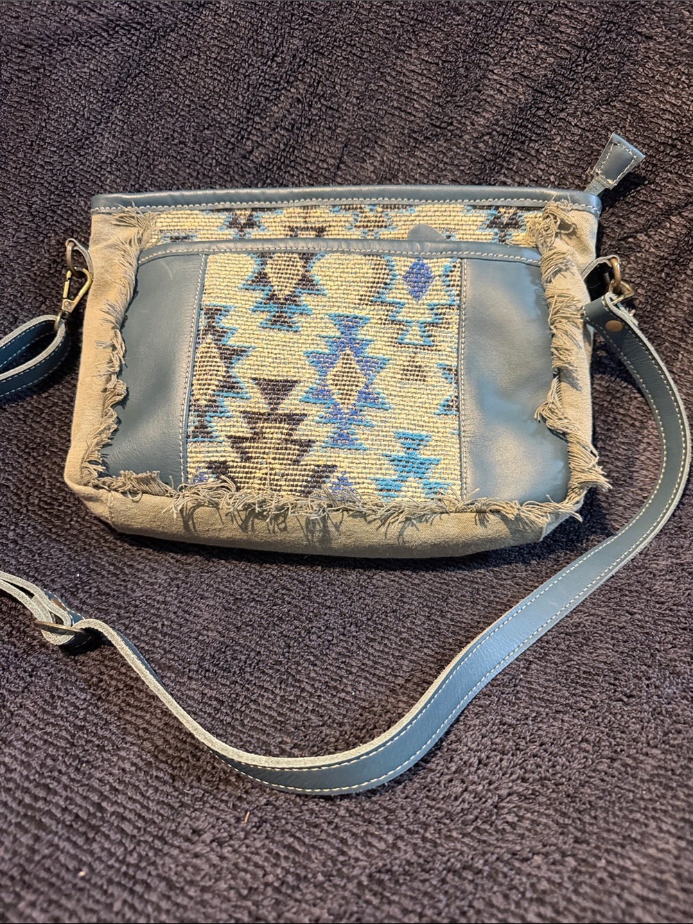 Myra Bag Teal and Beige Southwestern Fringe Crossbody